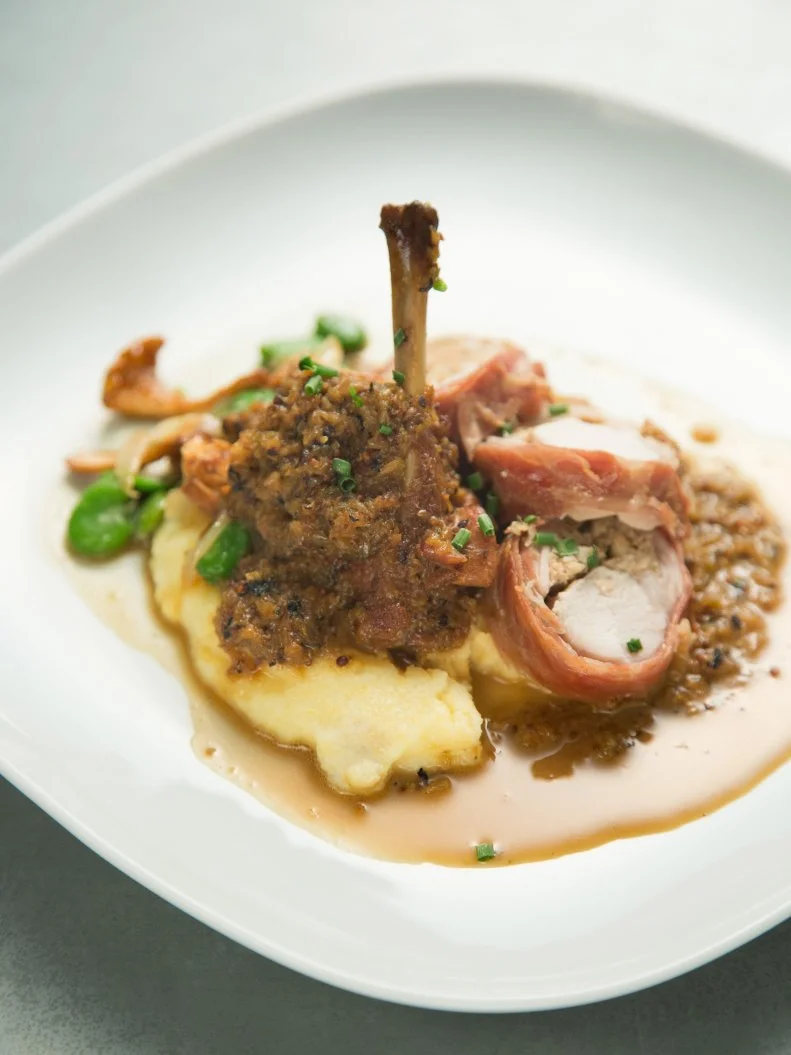 Food beauty of stuffed rabbit loin, with chanterelles, fava beans and soft polenta, from the team with Host Anne Burrell and contestant Nick Slater, during the final menu challenge, as seen on Food Network’s Worst Cooks In America, Season 8.
