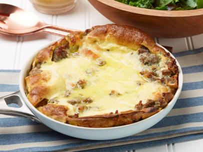 Food Network Kitchen’s Sausage-and-Mushroom Dutch Baby for Year of Oats/Drunk Pies/Diners, as seen on Food Network.
