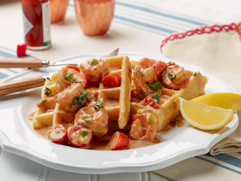 Food Network Kitchen’s Shrimp and Wafflesfor Year of Oats/Drunk Pies/Diners, as seen on Food Network.