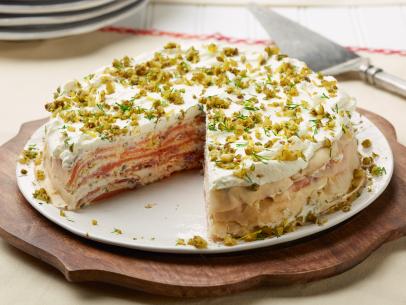 Food Network Kitchen’s Smoked Salmon Crepe Cake for Year of Oats/Drunk Pies/Diners, as seen on Food Network.