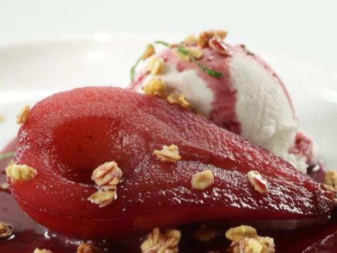 Red Wine Poached Pear Filled with Vanilla Ice Cream and Topped with Granola