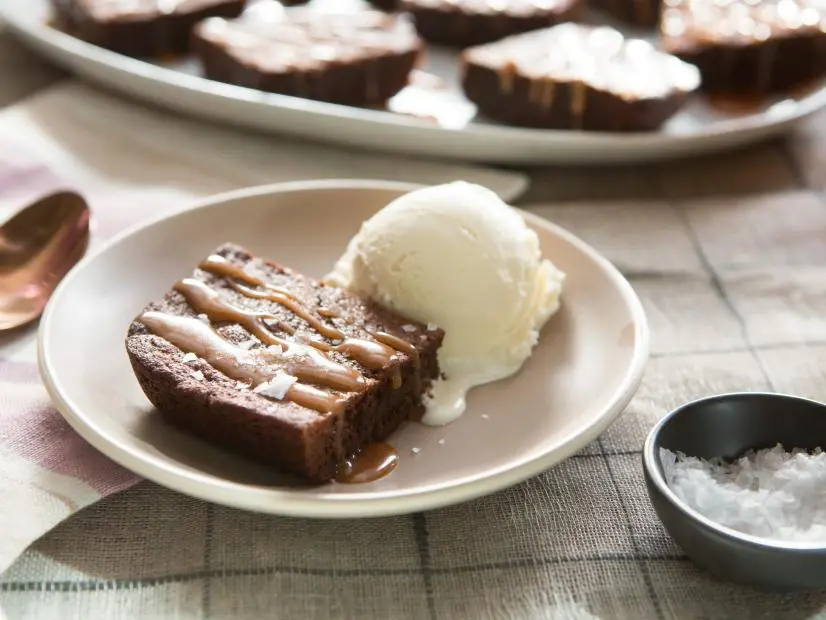 Beauty photo of the Salted Caramel Brownies during Potluck, as seen on Cooking Channel's Dinner at Tiffani's, Season 2.