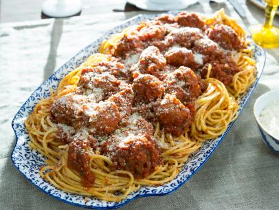 Beauty photo of Spaghetti and Meatballs during Family Favorites, as seen on Cooking Channel's Dinner at Tiffani's, Season 2.