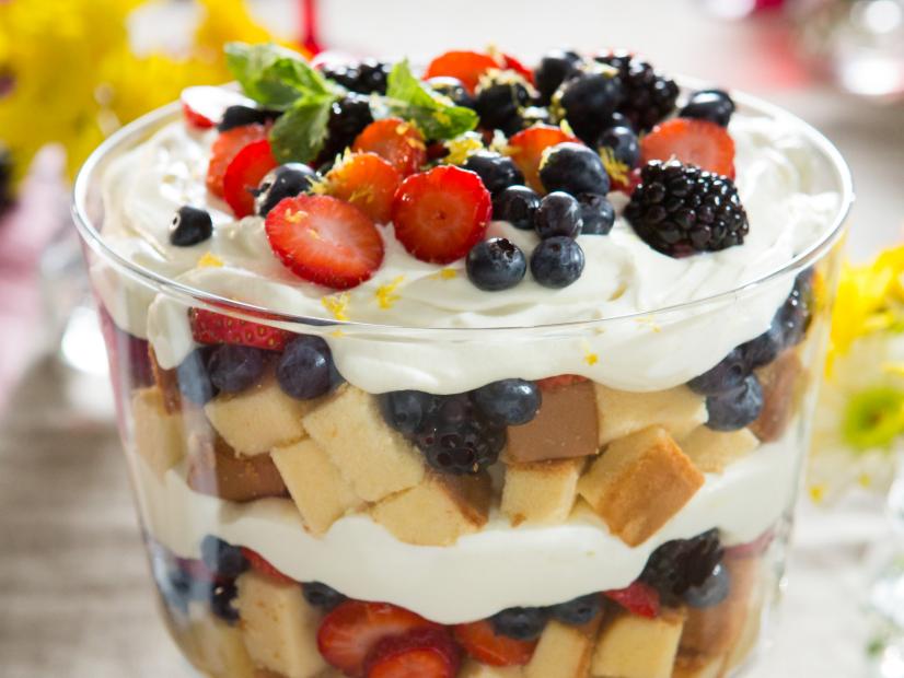 Beauty of Tri Berry Trifle during Surf and Turf, as seen on Cooking Channel's Dinner at Tiffani's, Season 2.