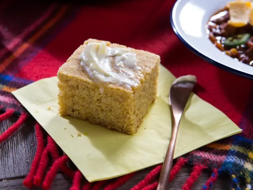 Beauty of Campfire Skillet Cornbread during Campfire Cookout, as seen on Cooking Channel's Dinner at Tiffani's, Season 2.