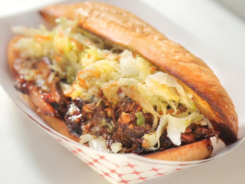WS of the Rootbeer Pulled Pork sandwich at the Food Fix Food Truck in Modesto, CA, as seen on Food Network's Diners, Drive-Ins and Dives, season 24.