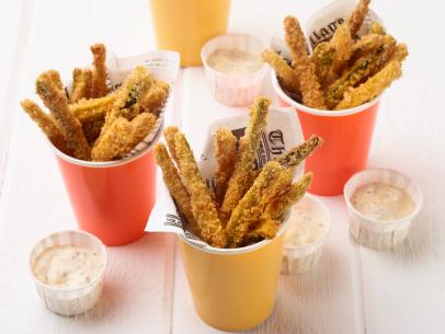 Food Network Kitchen’s Cajun Zucchini Fries for Summer Slow Cooker/Zucchini Fries/Picnic Brick-Pressed Sandwiches, as seen on Food Network.