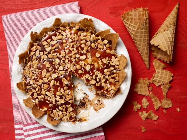 Food Network Kitchen’s Chocolate, Caramel and Waffle Cone Ice Cream Pie for Summer Slow Cooker/Zucchini Fries/Picnic Brick-Pressed Sandwiches, as seen on Food Network.