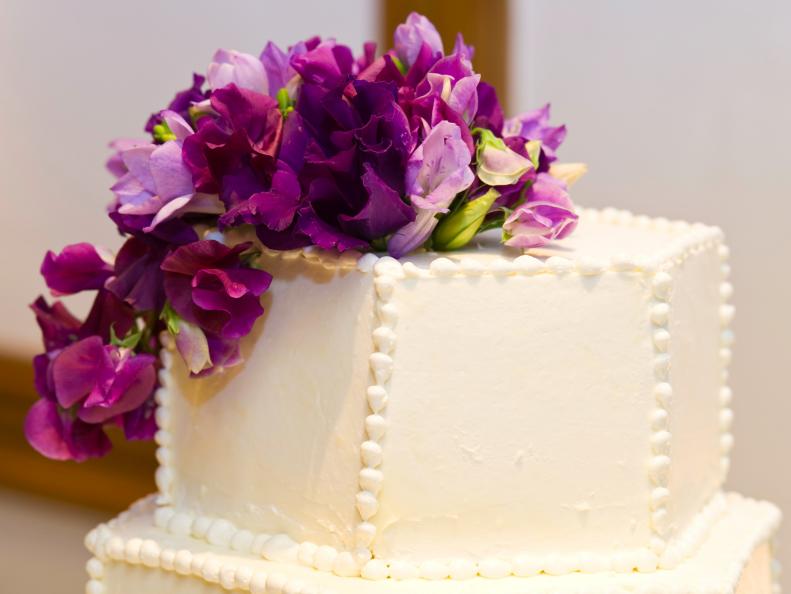Wedding Cake Top With Purple Flowers.  ProPhoto RGB.
