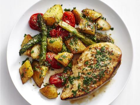 Chicken with Garlic Potatoes and Asparagus