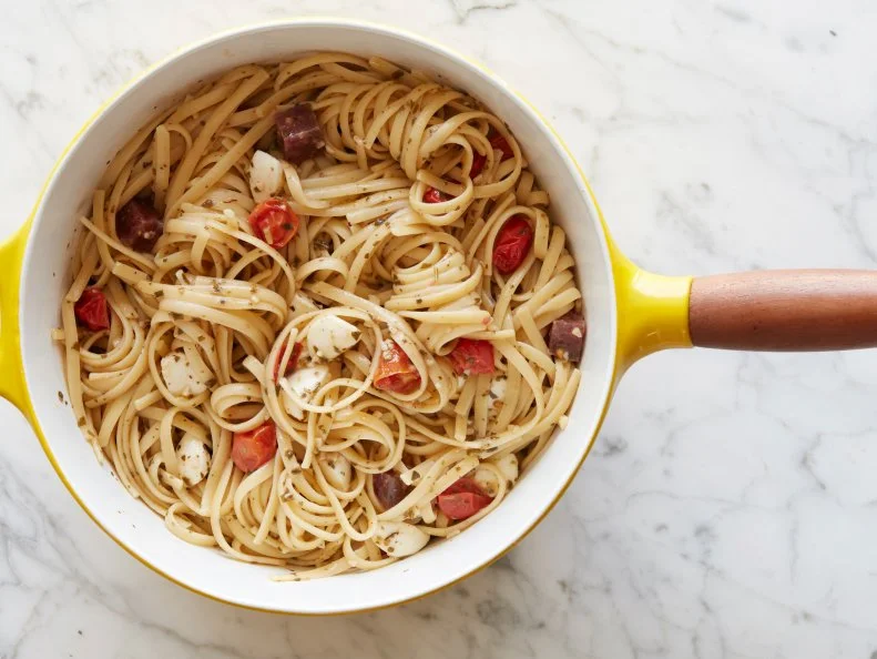 Food Network Kitchen’s OnePot Linguine with Pesto as seen on Food Network.