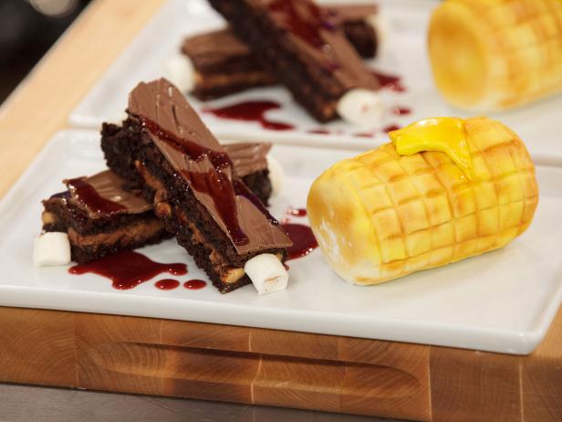 Brownie "Ribs" and Crispy Rice Treat "Corn-on-the-Cob" with Drunk Cherry BBQ Sauce