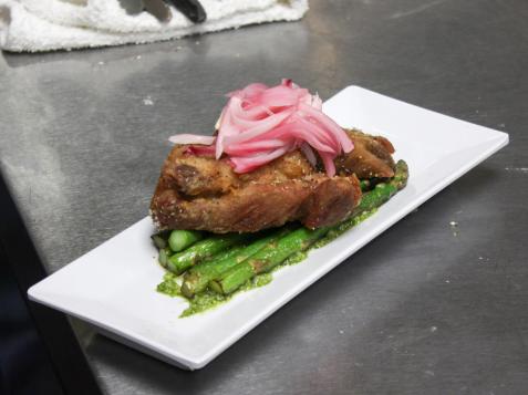 Crispy Pork with Asparagus and Pickled Onions