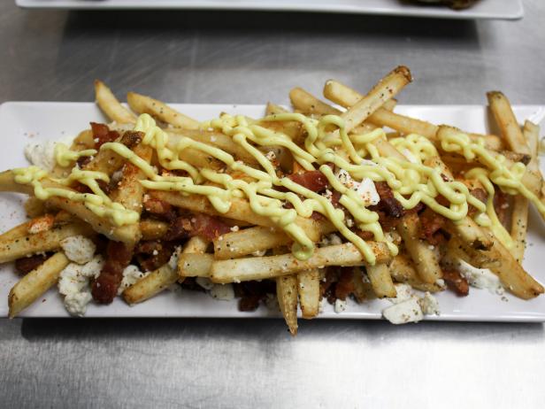 Curry Fries with Bacon and Feta