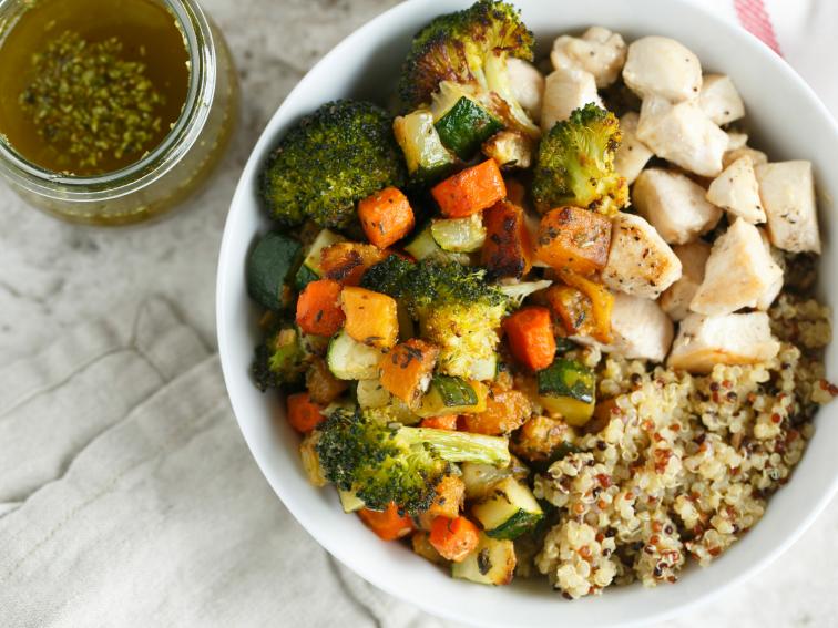 Roasted Vegetable And Chicken Quinoa Bowls For Two Recipe Food Network