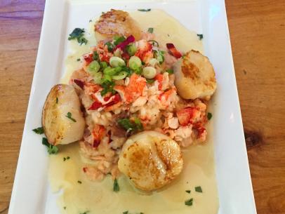 Pan Seared Scallops Over Lobster Prosciutto Risotto Recipe Food Network