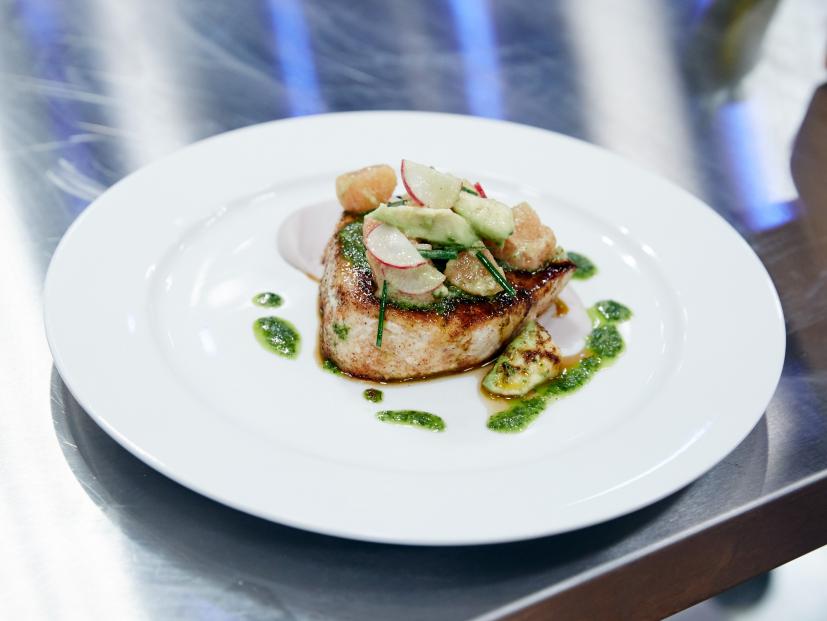 Contestant Matthew Grunwald's dish, Char Roasted Fish with Cara Cara Oranges and Avocadoes, for the Star Challenge: Where Are They Now, as seen on Food Network Star, Comeback Kitchen.