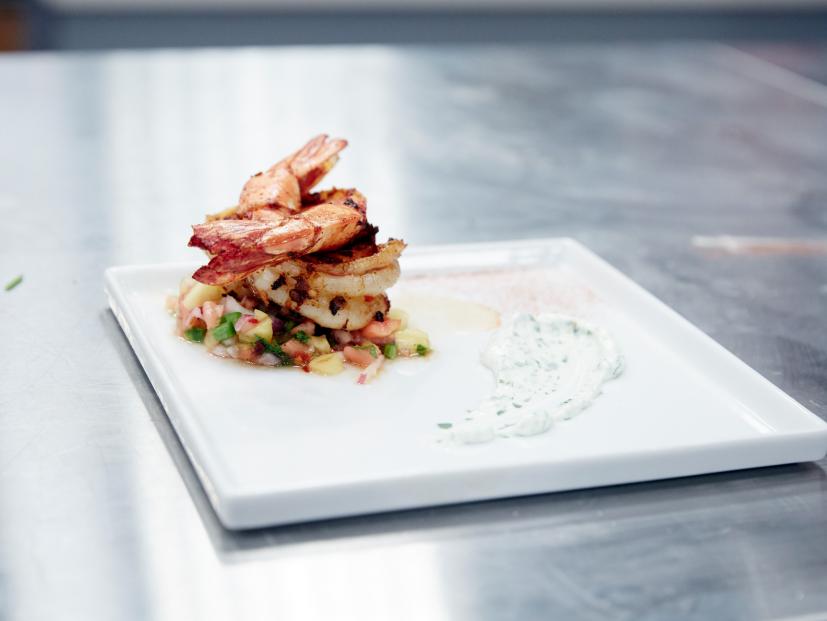Contestant Chris Kyler's dish, Carribean Shrimp with a Grilled Pineapple Salsa and Cilantro Crema, for the Star Challenge: Where Are They Now, as seen on Food Network Star, Comeback Kitchen.