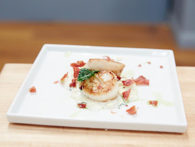 Contestant Michelle Ragussis' dish, Seared Scallops with Basil Cream Corn and Crispy Proscuitto, for the Star Challenge: Where Are They Now, as seen on Food Network Star, Comeback Kitchen.