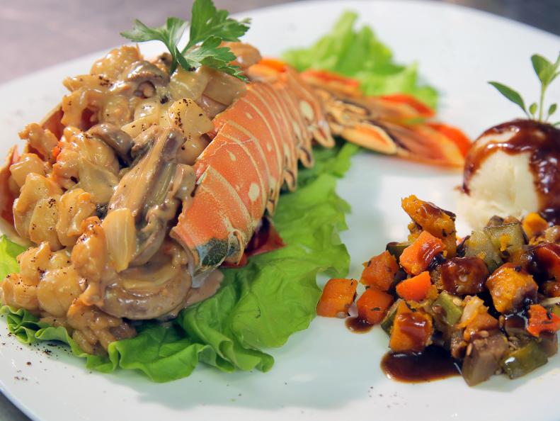 A dish of lobster in coffee sauce from El Figaro in Havana, Cuba as seen on Food Network's Diners, Drive-Ins, and Dives episode 2411.