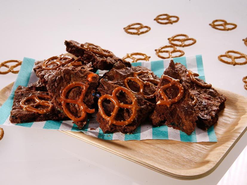 Chocolate pretzel brittle is displayed during an episode about the best snacks ever, as seen on Food Network's The Kitchen Sink, Season 1.