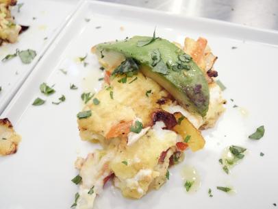 Contestant Martita Jara's dish, Pepper and Goat Cheese Fritatta, for the Mentor Challenge: Sabotage Morning Show, as seen on Food Network Star, Comeback Kitchen.