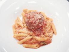 Contestant Dom Tesoriero's dish, Meatballs with Sunday Sauce, for the Mentor Challenge: Sabotage Morning Show, as seen on Food Network Star, Comeback Kitchen.