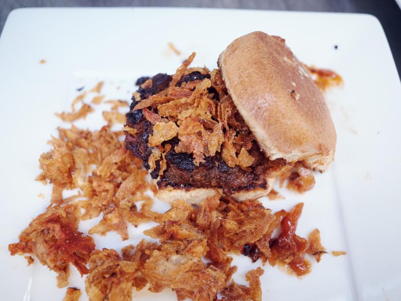 Finalist Ana Quincoces's dish, Cuba Frita with Toasted Slider Buns, Mojo Aioli and Caramelized Onion, Guava Ketchup, Match Stick Potatoes and Smoked Paprika Salt, for the Star Challenge, as seen on Food Network Star, Season 12.