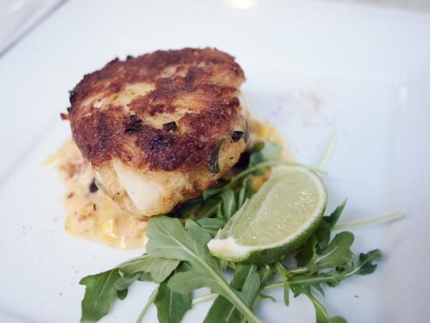 Nantucket Crab Cake with Bacon Maple Cream Corn