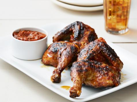 Grilled Chicken Halves with Peach Pickle BBQ Sauce