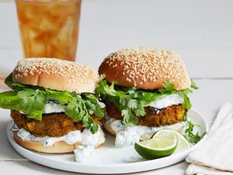Grilled Curried Pumpkin Burgers with Cucumber and Mint Raita