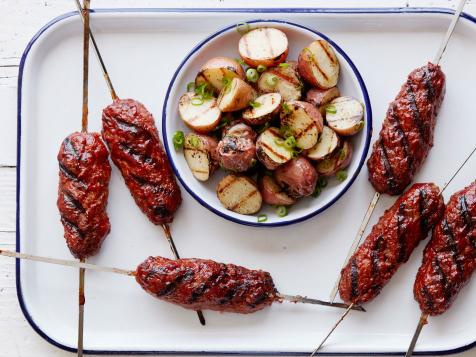 Meatloaf Kebabs with Grilled Potato Salad