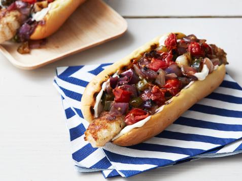 Grilled Shrimp Dogs with Grilled Vegetable Relish
