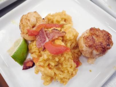 Finalist Ana Quincoces' dish, Chicken Proscuitto Manchego Bacon Cheeseburger Shrimp Paella, for the Mash Up Star Challenge theme, Cheeseburger and Paella, as seen on Food Network Star, Season 12.