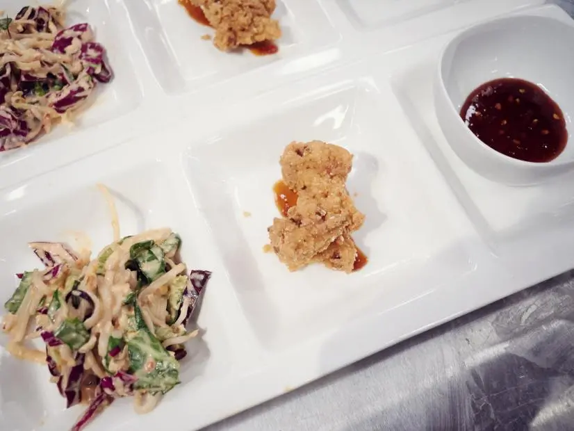 Finalist Rob Burmeister's dish, Asian Fried Chicken with Udon Noodle Pho Slaw, for the Mash Up Star Challenge theme, Fried Chicken and Udon, as seen on Food Network Star, Season 12.