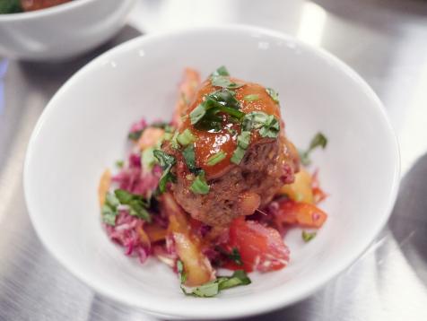 Chicken-Chorizo Albondigas (Meatballs) with Mango BBQ Sauce and Asian Slaw