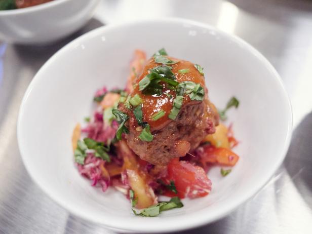 Chicken-Chorizo Albondigas (Meatballs) with Mango BBQ Sauce and Asian Slaw image