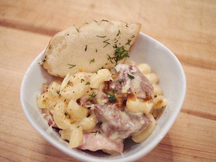 Finalist Jernard Wells's dish, Lamb Bacon Mac and Greek Yogurt Cheese with Fried Pita, for the Mash Up Star Challenge theme, Mac and Cheese and Gyro, as seen on Food Network Star, Season 12.