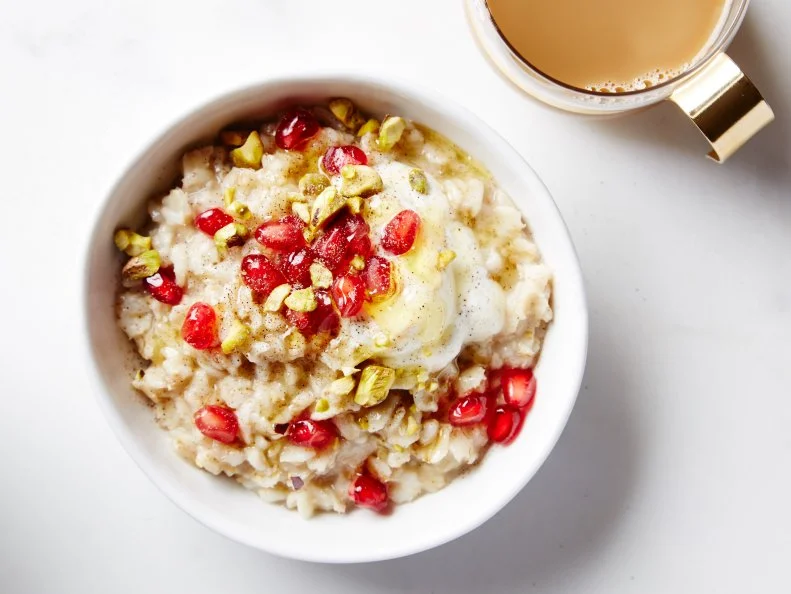 Food Network Kitchen's Pistachio and Pomegranate Oatmeal Bowl, as seen on Food Network.