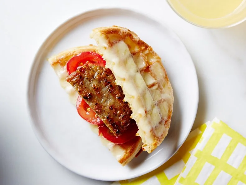 Food Network Kitchen's Spicy Sausage Waffle Sandwich, as seen on Food Network.