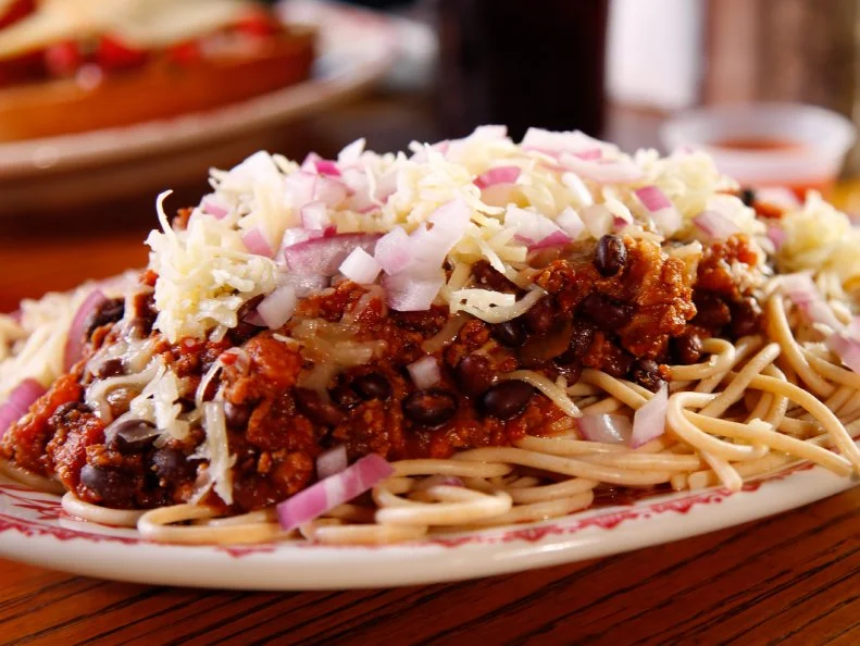 WS of the Vegetarian Chili 3 way from Melt Eclectic Café in Cincinnati, OH as seen on Food Network's Diners, Drive-Ins and Dives season 2100's.