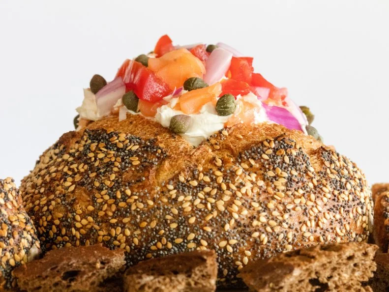 Smoked Salmon cream cheese inside a bread bowl