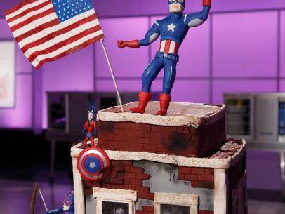 A Captain-America-themed Chocolate Birthday Cake cake display made by Kayla Trahan, as seen on Food Network's Cake Wars, Season 3.