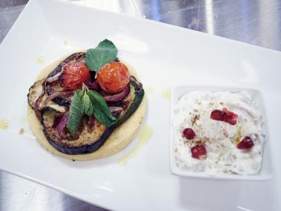 Contestant Penny Davidi's dish, Mediterranean Vegetable Tartlett with Labneh, for the Mentor Challenge: Baking, as seen on Food Network Star, Comeback Kitchen.