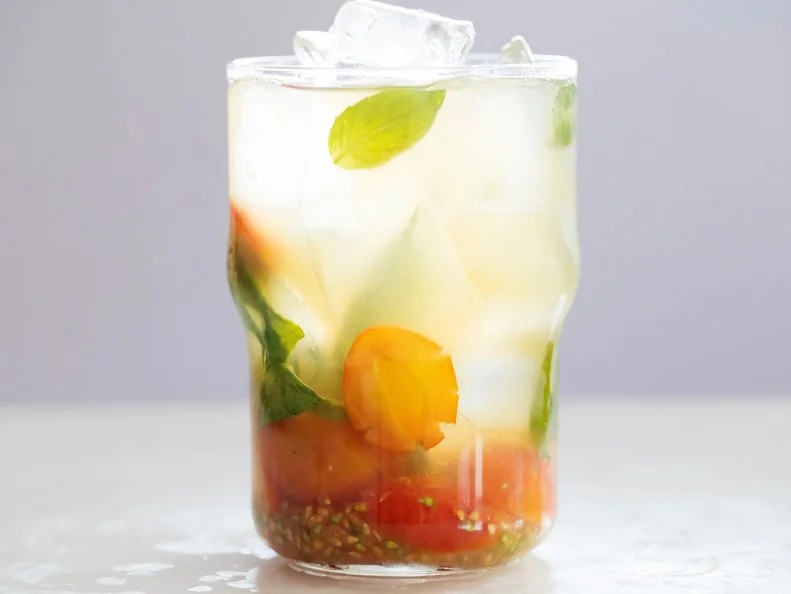 Ice tea with muddled heirloom tomatoes, fresh basil, sugar and a dash of apple cider vinegar.