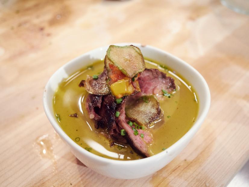 Contestant Yaku Moton-Spruill's dish, Beef and Broccoli Chip Stack Soup, for the Mentor Challenge, ET Don't Phone In, as seen on Food Network Star, Season 12.