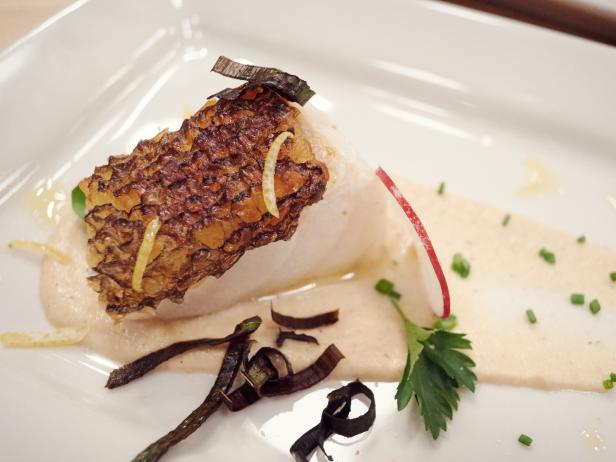 Contestant Monterey Salka's dish, Crispy Skin Cod with Roasted Cauliflower Puree, for the Mentor Challenge, ET Don't Phone In, as seen on Food Network Star, Season 12.