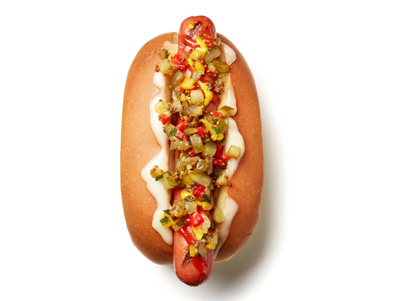 Cheesy Hot Dogs with Pickle-Pepper Relish Recipe