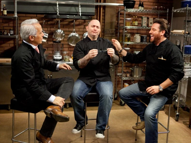 Chefs: Geoffrey Zakarian, Chris Santos and Scott Conant talk and joke after filming a Chopped After Hours episode, as seen on Food Network's Chopped: After Hours.