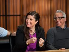 Chefs Alex Guarnaschelli and Geoffrey Zakarian judge contestants during competition, as seen on Food Network’s Chopped, Season 21.